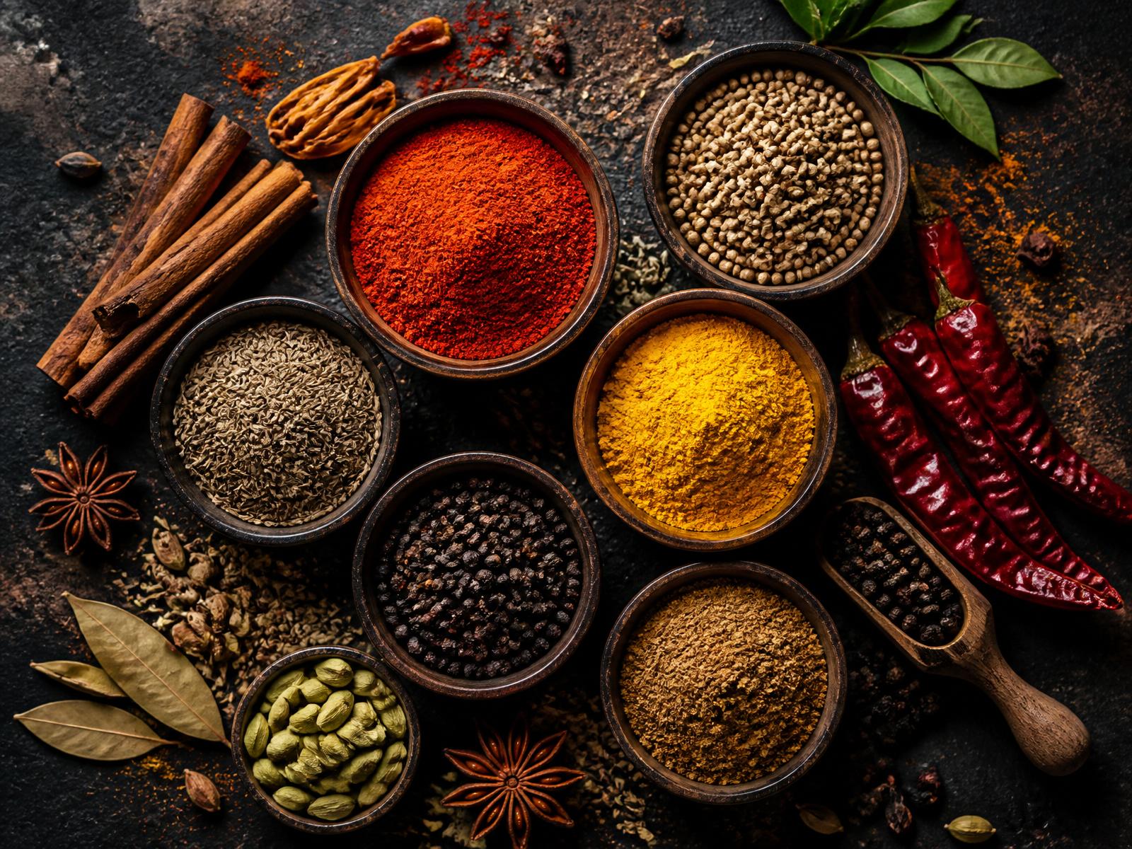Indian spices in wooden bowls